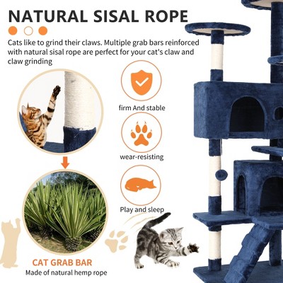 54in Navy Blue Multi-Level Cat Tree Tower with Faux-Fur Cover