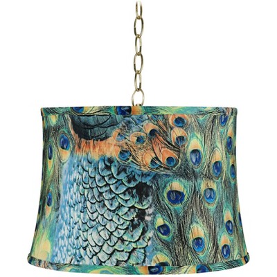 Peacock Print 16" Wide Antique Brass Shaded Pendant Light