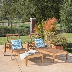 GDFStudio Abena Outdoor Acacia Wood Adjustable Chaise Lounge with Wheels - 1 of 4