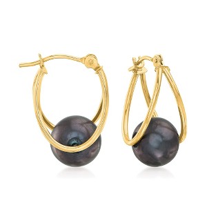 Ross-Simons 8-9mm Black Cultured Pearl Double-Hoop Earrings in 14kt Gold - 1 of 4