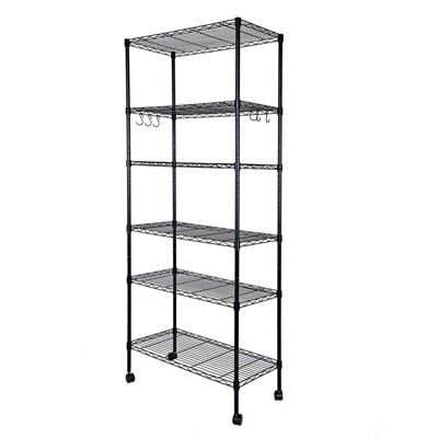 Vynxaria Black 6-Tier Utility Storage Shelves with Wheels and Hooks, Adjustable Wire Shelving Unit, 17" D x 11" W x 63" H