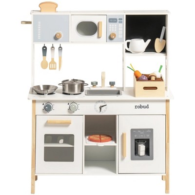 ROBOTIME Play Food and Toy Kitchens, Wooden Kitchen Playset with Cookware Accessories and Plenty of Play Features for Toddlers, Beige, 23.8"*11"*36.2"