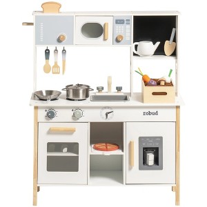 ROBOTIME Play Food and Toy Kitchens, Wooden Kitchen Playset with Cookware Accessories and Plenty of Play Features for Toddlers, Beige, 23.8"*11"*36.2" - 1 of 4