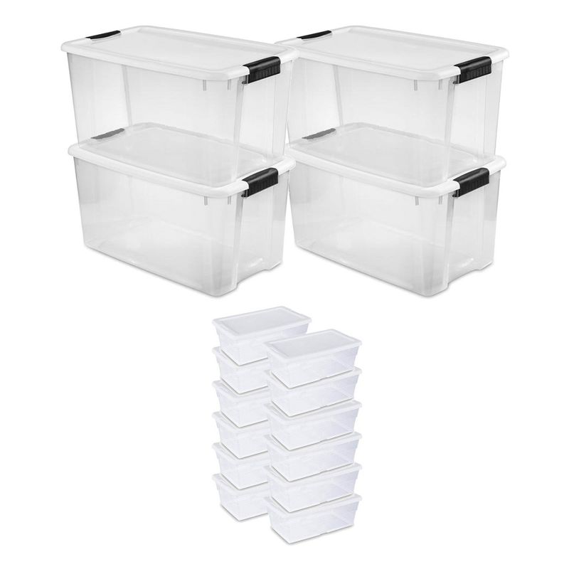 Sterilite 70 Quart Multipurpose Stackable Plastic Latching Lid Storage Tote, 4 Pack & 6 Quart Container Box Bin for Home Organization, Clear 12 Pack, 1 of 7