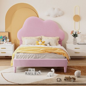 NicBex Twin/Full Velvet Upholstered Platform Bed Frame with Cloud-Shape Headboard for Kids,Wood Slats Support,No Box Spring Needed,Easy Assembly - 1 of 4
