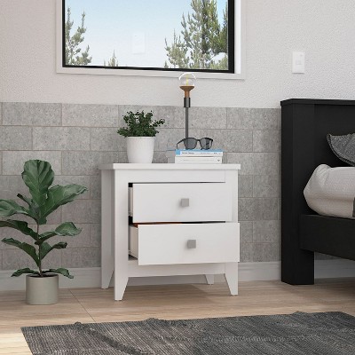 Vynxaria Elegant White Nightstand: 24"H, Two Drawers, Perfect for Small Spaces