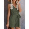Womens Summer Sleeveless V Neck Romper Waist Belted Shortall Linen Romper Summer Short Jumpsuits Front Button Romper with Pockets - 3 of 4