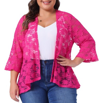 Agnes Orinda Women's Plus Size Casual Open Front 3/4 Sleeve Sheer Lace Cardigan