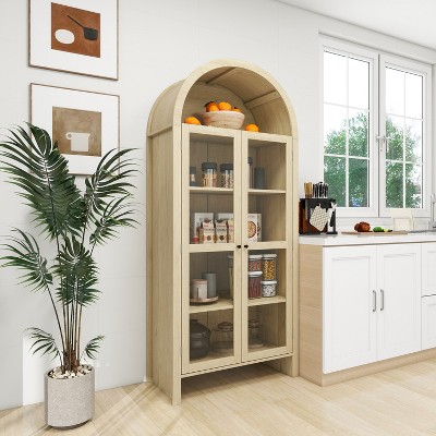 70.28" Tall Natural Arched Kitchen Pantry with Glass Doors