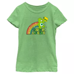 Girl's Care Bears St. Patrick's Day Good Luck Bear Born Lucky Rainbow  T-Shirt - Green Apple - X Small