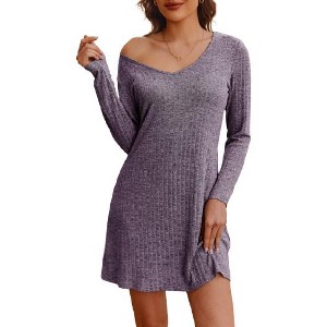 Ekouaer Womens Nightgown Long Sleeve Rib Knit Pajama Dress V Neck Soft Loungewear Sleepwear - 1 of 4