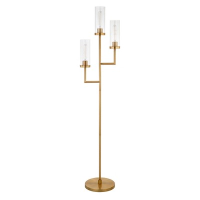 Hudson and Canal 3-Light Torchiere Floor Lamp with Glass Shade Brass/Clear: Metallic, UL Listed, 69" Height