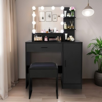 Sapphtopaz Vanity Desk with Mirror and Lights Dressing Table with Drawer, Storage Cabinet, 3 Adjustable Lighting Colors for Bedroom