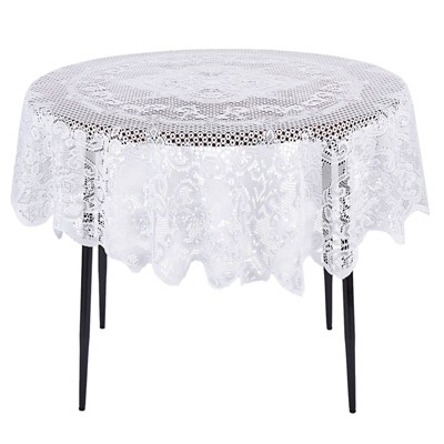 Elegant White Lace Round Fabric Tablecloth with Floral Pattern, 59 Inches