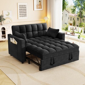 Small Velvet Pull-Out Sleeper Sofa Bed with Side Pockets and 3-Position Adjustable Backrest - 1 of 4