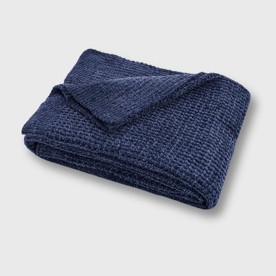 50"x60" Shiny Waffle Chenille Knit Throw Blanket Navy - Evergrace