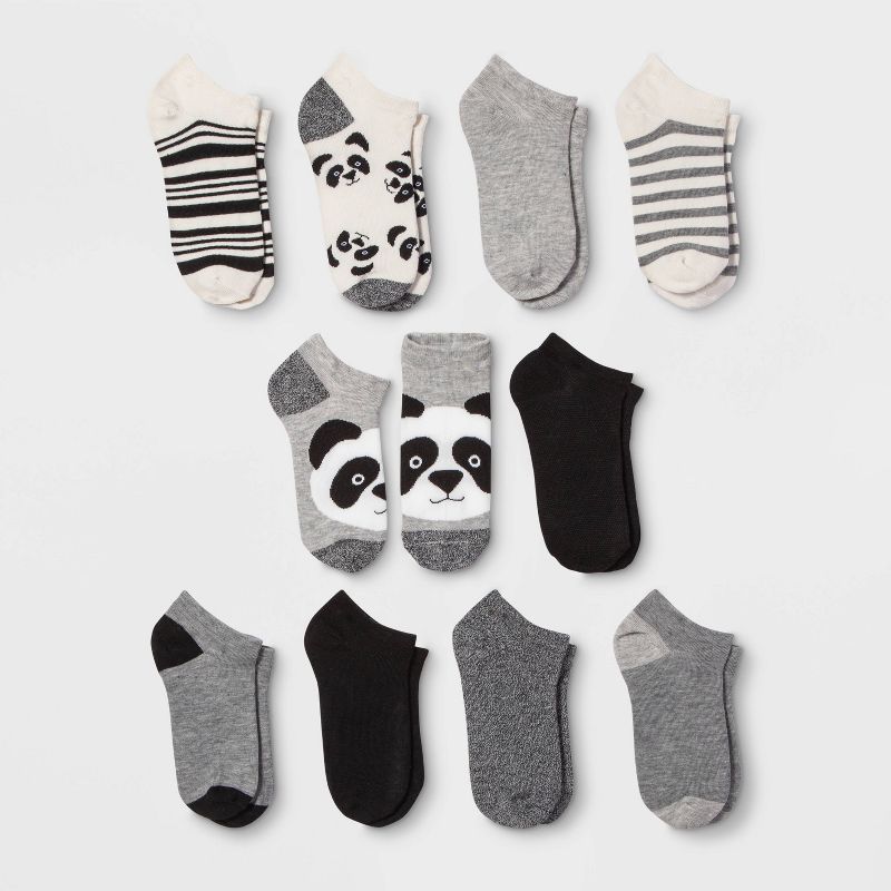 Women&#39;s Panda 10pk Low Cut Socks - Xhilaration&#8482; Black/White/Gray 4-10, 1 of 5