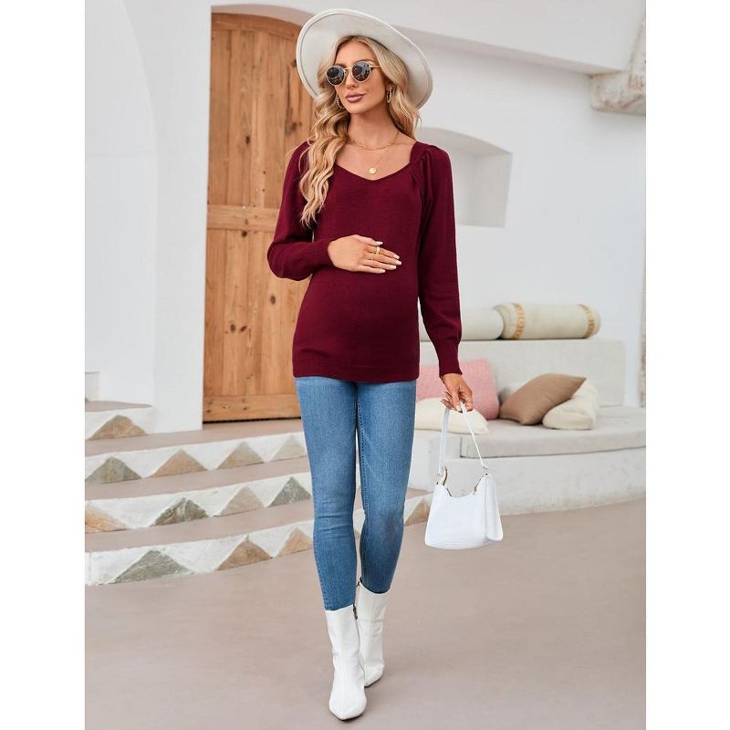 Women's Maternity Tops Casual V Neck Sweaters Puff Long Sleeve Ribbed Knit Fall Pregnancy Babydoll Pullover Sweater, 5 of 8