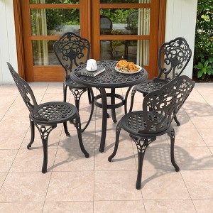 5-Piece Patio Set: Round Table & 4 Chairs - Cast Aluminum, All-Weather/Umbrella Hole & Adjustable Legs for Balcony/Backyard - 1 of 4