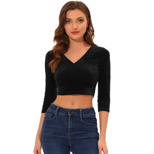 INSPIRE CHIC Women's Velvet V Neck 3/4 Sleeve Solid Crop Top - 1 of 4