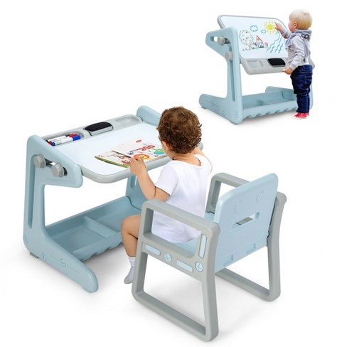 Costway 2 in 1 Kids Easel Table & Chair Set Adjustable Art Painting Board  Blue