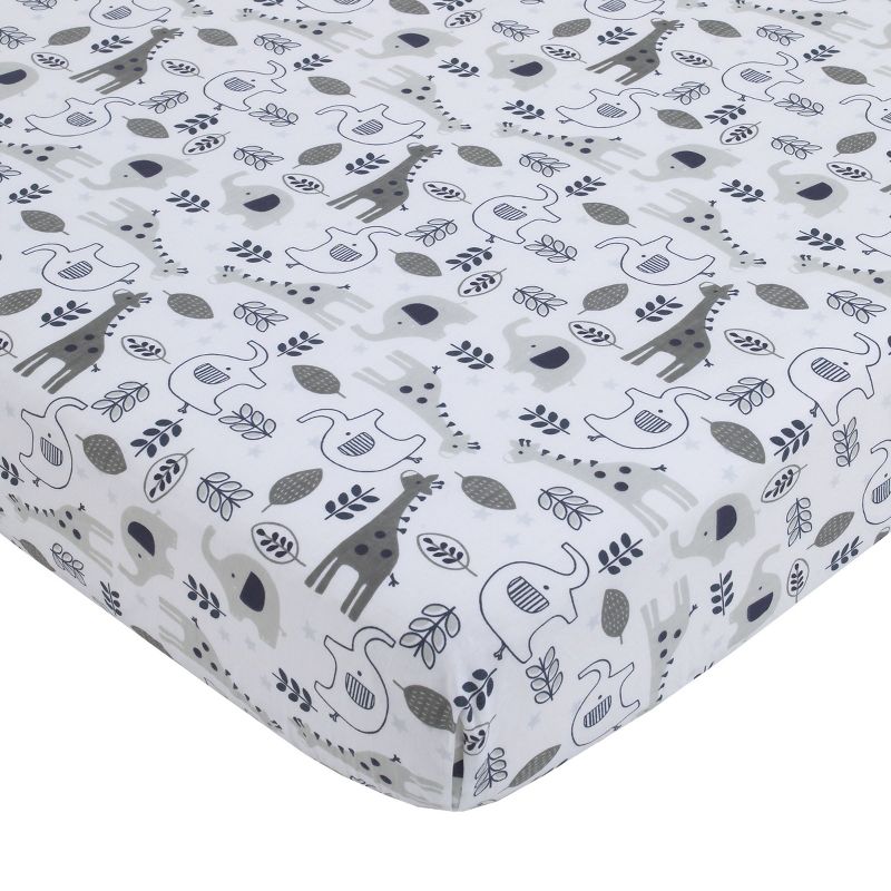 NoJo Love You To The Moon - 100% Cotton Navy, Grey and White Elephant and Giraffe Nursery Fitted Crib Sheet, 1 of 3