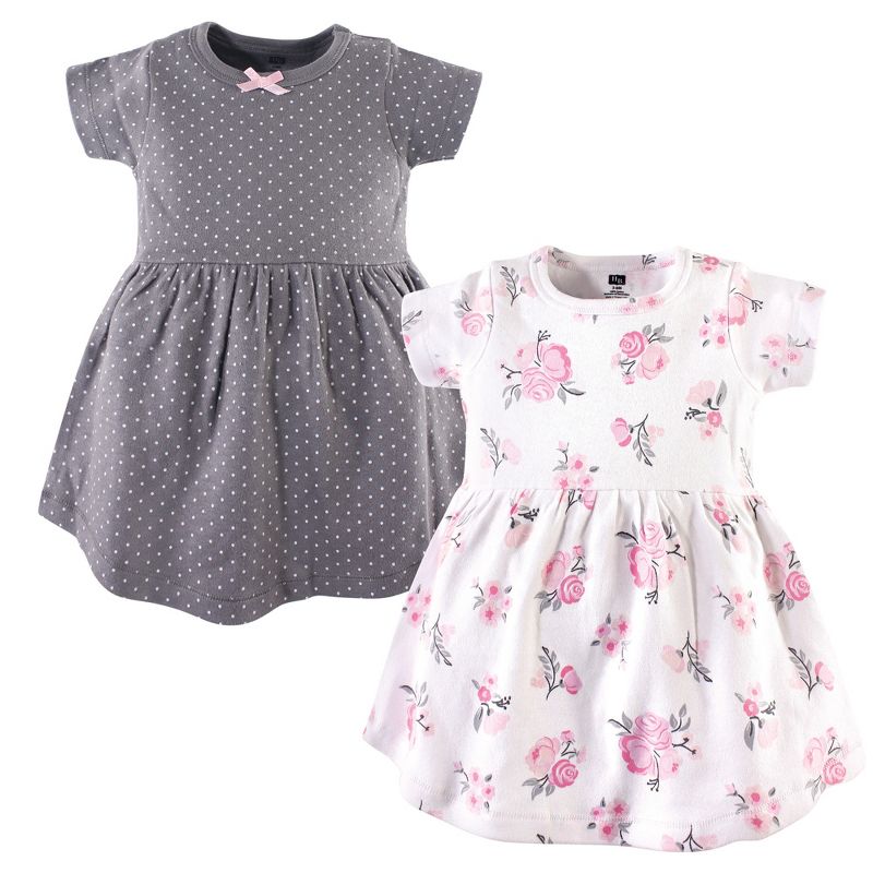 Hudson Baby Infant and Toddler Girl Cotton Short-Sleeve Dresses 2pk, Pink Gray Floral, 1 of 6