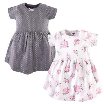Hudson Baby Infant and Toddler Girl Cotton Short-Sleeve Dresses 2pk, Pink Gray Floral