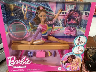 Barbie Gymnastics Doll & Accessories, Playset with Brunette Fashion Doll,  C-Clip for Flipping Action, Balance Beam, Warm-Up Suit & More