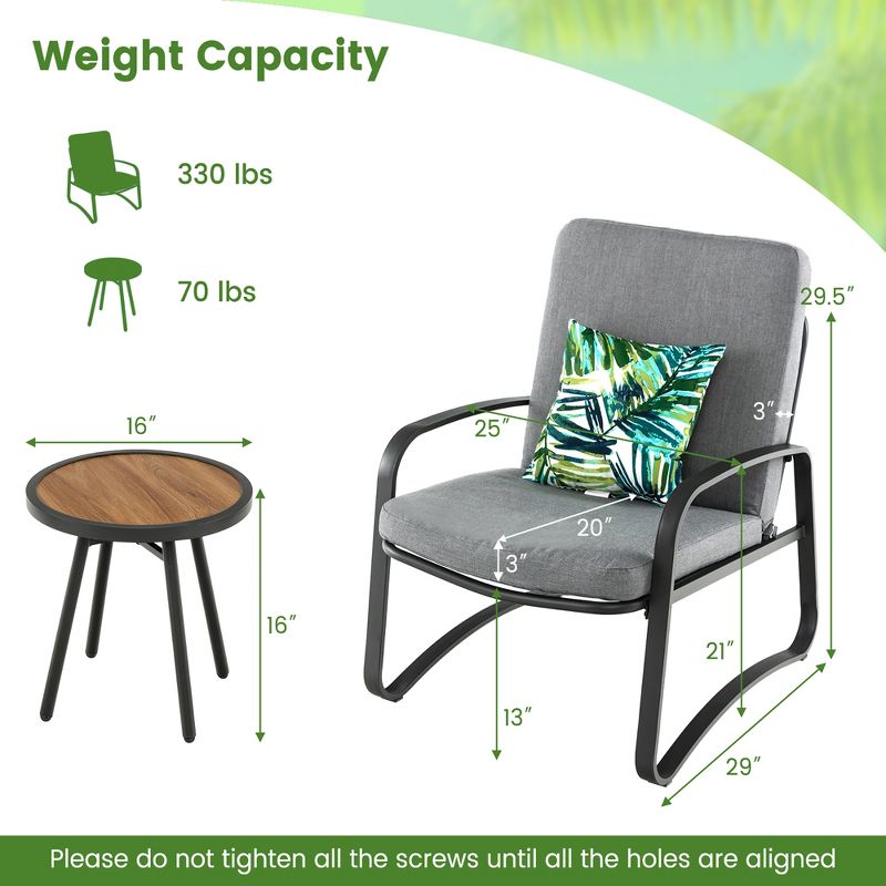 Costway 3pcs Patio Bistro Conversation Set DPC Tabletop Metal Cushioned Chairs Outdoor, 3 of 10