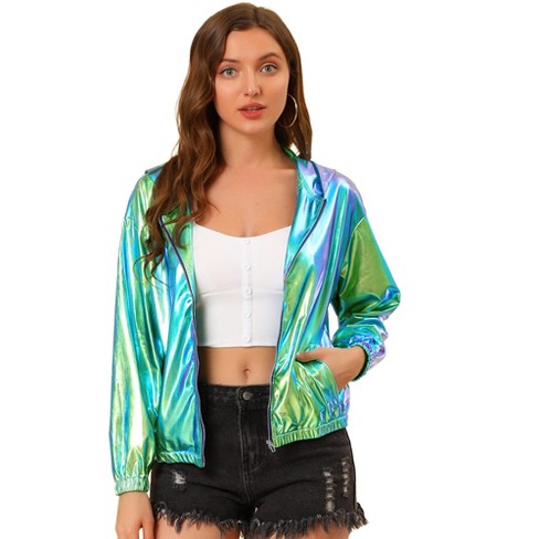 Allegra K Women's Holographic Fashion Stand Collar Metallic Lightweight Zip  Bomber Jacket Silver X-Large