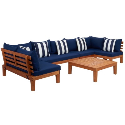 Granton Natural Wood 5-Piece Outdoor Sectional Set with Navy Cushions