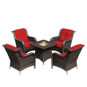UPTION 5-Piece Wicker Outdoor Seating Group with Fire Pit - 1 of 4