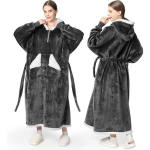 FAAYFIAN Long Faux Shearlin Wearable Blanket Hoodie for Women with Belt, Oversized Hoodie Blanket with Hood & Pocket, Cozy Winter Loungewear - 1 of 4
