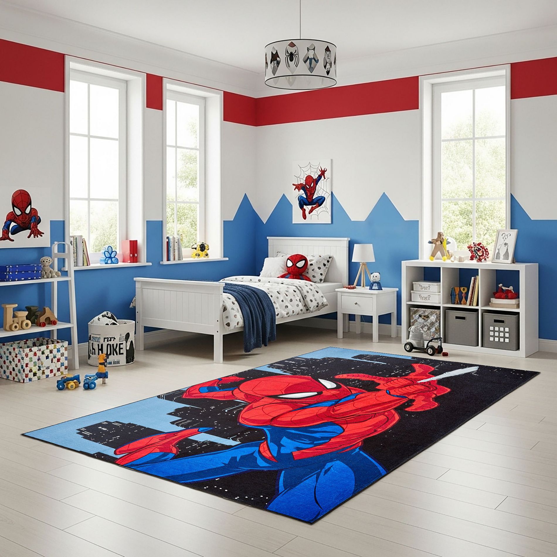 Licensed Marvel Spiderman Modern Character Printed Flannel Non-Slip Washable Indoor Kids Area Rug, Spidey City, 54"x78"