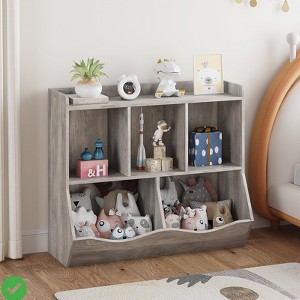 3-Tier Kids Toy Storage Organizer 5-Section Bookshelf Cubby Children's Toy Shelf Wooden Storage Cabinet - 1 of 4