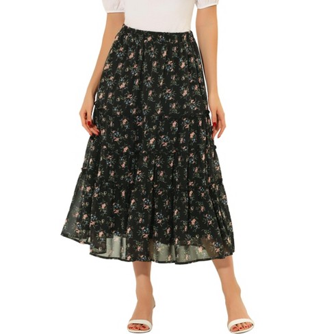 Allegra K Women's Floral Elastic Waist Tiered Ruffle Boho Midi Skirts ...