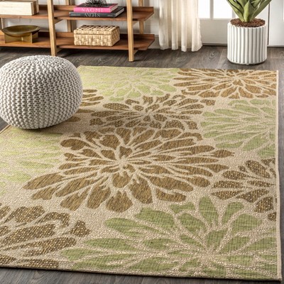 Zinnia Sage and Brown Floral Flatweave Indoor/Outdoor Rug