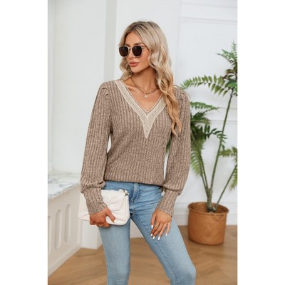 Women's Pullover Ribbed Knit Sweater Crochet V Neck Long Sleeve Sweatshirt