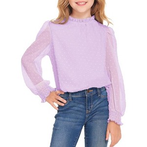 Arshiner Girls Long Sleeve Shirts Chiffon Blouses Swiss Dot Frill Neck Casual Loose Cute Top Tee - 1 of 4
