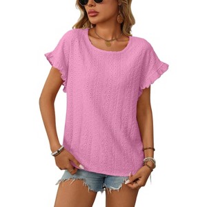 Clearlove Eyelet Tops for Women Summer Scoop Neck Cute Ruffled Short Sleeve T-Shirts Elegant Sweet Lady Tunic Blouses - 1 of 4