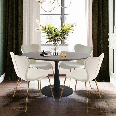 Harold+Flavia 5-Piece Walnut Foil  Round Top Pedestal Dining Table Set with 4 Upholstered Chairs -Maison Boucle