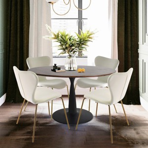 Harold+Flavia 5-Piece Walnut Foil  Round Top Pedestal Dining Table Set with 4 Upholstered Chairs -Maison Boucle - 1 of 4