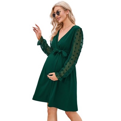Womens Maternity Long Sleeve Swiss Dot Wrap Dress Casual V Neck Fall Nursing Midi Dress Baby Shower Photoshoot Belt