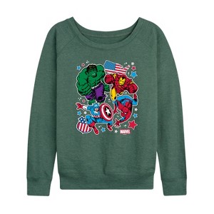 Women's - Marvel - Avengers America Stickers Style Lightweight French Terry Wide Neck Long Sleeve Shirt - 1 of 4