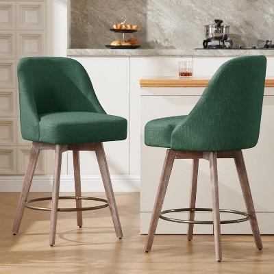 Bekrvio 26" Swivel Bar Stools Set 1/2/3/4 with Solid Wood Legs, 3.15" Linen Upholstered Seat with Back, Mid-Century Bar Chairs for Kitchen Island