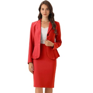 INSPIRE CHIC Women's Business Long Sleeve Notched Lapel Peplum Blazer Pencil Skirt Suit Set 2 Pcs - 1 of 4