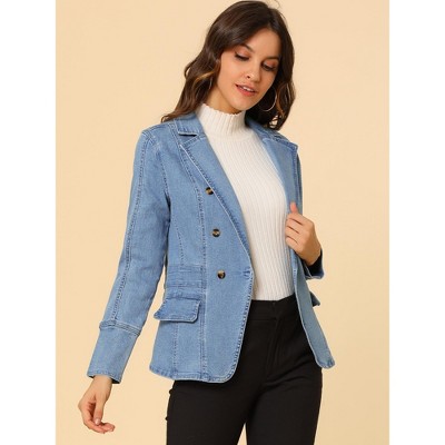 Allegra K Women's Regular Fit Casual Notched Lapel Long Sleeve Denim Pockets Blazer Medium Baby Blue — фото 4