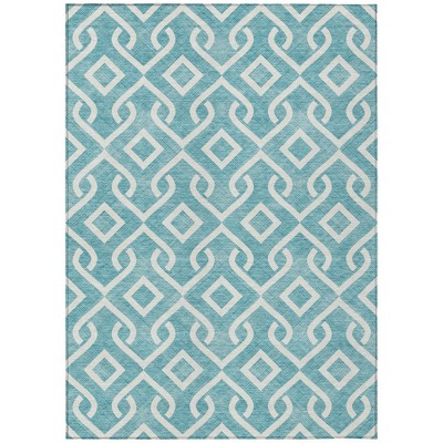 Teal Blue And Ivory Geometric Washable Indoor Outdoor Area Rug