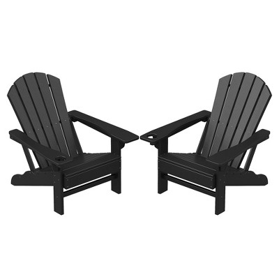 AMERLIFE HDPE Adirondack Chair with Cup Holder and Wide Armrests, Outdoor Chair, Black
